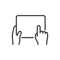 Using a tablet, linear icon. Hands holding a tablet. Line with editable stroke