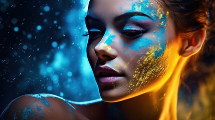 Powder splashed on the face of a beautiful neon woman.