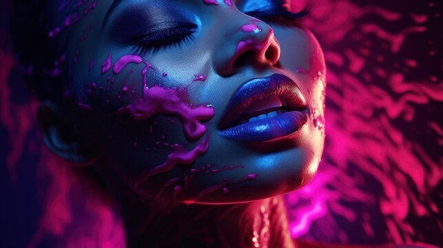 Powder splashed on the face of a beautiful neon woman.