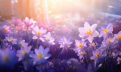 spring Summer blooming flowers in the garden, blossom meadow, bright warm colors, background,...