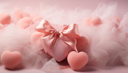 peach background of hearts in feathers, Valentine's Day greeting card. Hearts in color 2024 peach fuzz.