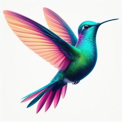 A stunning photograph showcasing a vibrant hummingbird gracefully perched and flying on a pure white background