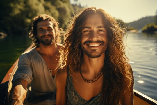 Two happy transgender gay couples canoeing and laughing, LGBT, LGBTQ concept