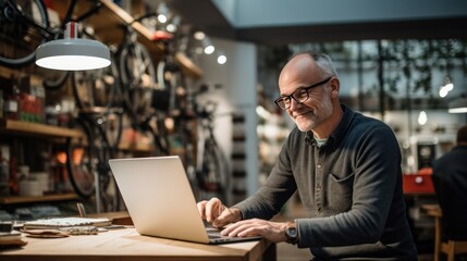 Senior man working on laptop in bicycle shop - Powered by Adobe