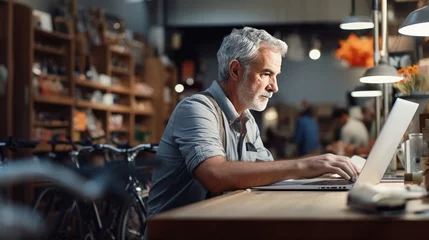 Foto auf Acrylglas Senior man working on laptop in bicycle shop © somchai20162516