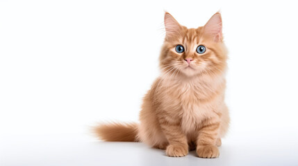Obraz premium Cute alert Maine Coon kitten with soft orange fur and piercing blue eyes on a white surface, suited for pet adoption and kitten care services. AI Generative