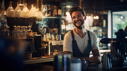 Smiling male bartender prepares drinks using a coffee maker in a coffee shop. - obrazy, fototapety, plakaty