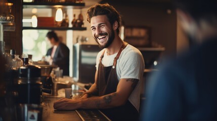 Smiling male bartender prepares drinks using a coffee maker in a coffee shop. - obrazy, fototapety, plakaty
