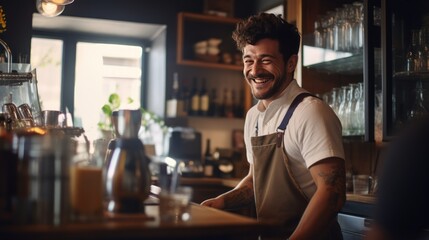 Smiling male bartender prepares drinks using a coffee maker in a coffee shop.