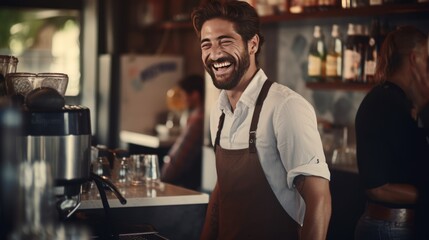 Smiling male bartender prepares drinks using a coffee maker in a coffee shop.