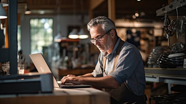 Senior man working on laptop in bicycle shop - Powered by Adobe