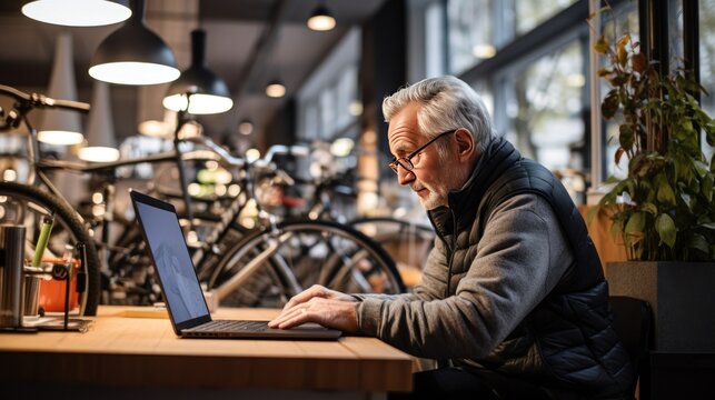 Senior man working on laptop in bicycle shop