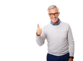 Senior man in glasses showing OK gesture and smiling. Isolated