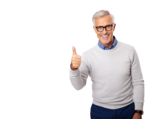 Senior man in glasses showing OK gesture and smiling. Isolated