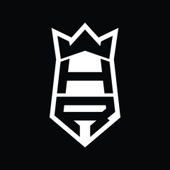 HR Letter Logo monogram hexagon shield shape up and down with crown isolated style design