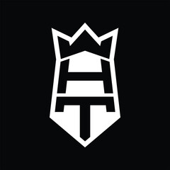 HT Letter Logo monogram hexagon shield shape up and down with crown isolated style design