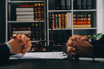 Customer service good cooperation, Consultation between a Businessman and Male lawyer or judge consult having team meeting with client, Law and Legal services concept. - obrazy, fototapety, plakaty