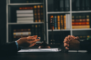 Customer service good cooperation, Consultation between a Businessman and Male lawyer or judge consult having team meeting with client, Law and Legal services concept. - obrazy, fototapety, plakaty