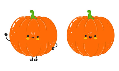 Cute funny Pumpkin character. Vector hand drawn cartoon kawaii character illustration icon. Isolated on white background. Happy Pumpkin character concept