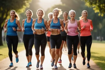 Group of mature women practicing running, in shape after menopause. - obrazy, fototapety, plakaty