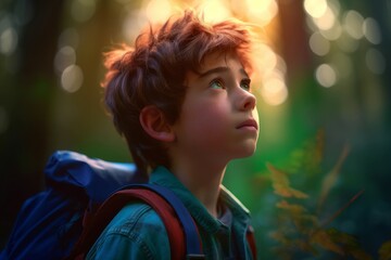 Uncombed boy morning sunlight. Young kid denim shirt observing nature. Generate AI