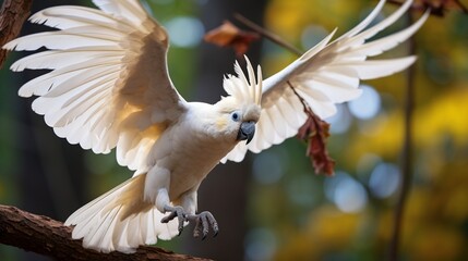 A cockatoo playfully tilting its head, feathers raised in excitement. - obrazy, fototapety, plakaty
