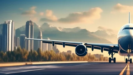 Printed kitchen splashbacks United States travel airplane landing in beautiful city cinematic wallpaper