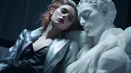 vogue high fashion, art museum, marble statues, contrast, captivating women, romantic atmosphere, laying down. generative AI