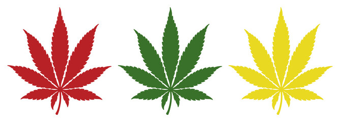 Cannabis leaf illustration clip art leaves set rasta colors. Transparent background hand drawn marihuana icon design icon template blank red green yellow