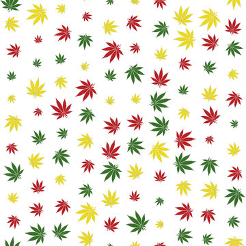 Cannabis leaves illustration rasta colors seamless texture pattern. Marijuana leaf red green yellow transparent background design template art blank.