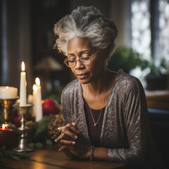 Senior black woman is praying with her eyes closed at home during the Christmas holidays. - obrazy, fototapety, plakaty