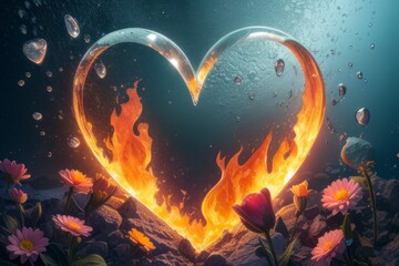 Obraz na płótnie Canvas Abstract surrealistic illustration transparent glass heart in fire, concept Valentine's or birthday or Mother's Day or Women's Day.