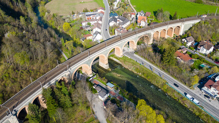 Historic railway viaduct as part of the Semmering mountain train in Payerbach, Austria