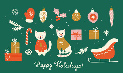 Vector simple cartoon Christmas characters cats, gifts, sleigh, Christmas decorations, snowflakes