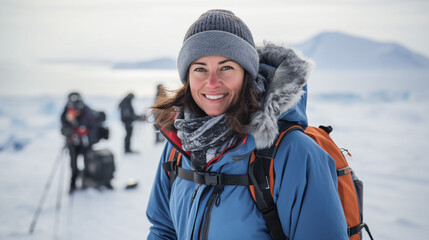 woman  tourist at Arctic expedition. - obrazy, fototapety, plakaty