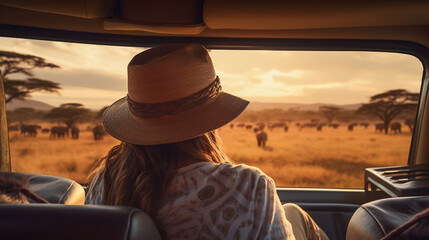 woman tourist on safari tour in Africa, travelling by car in Tanzania National park, looking on elephants.
 - obrazy, fototapety, plakaty