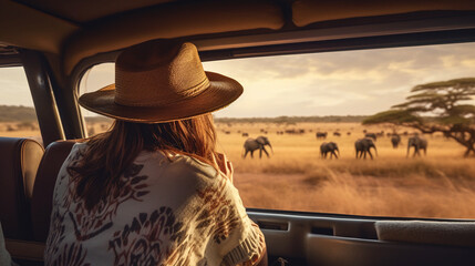 woman tourist on safari tour in Africa, travelling by car in Tanzania National park, looking on...