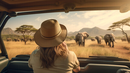 woman tourist on safari tour in Africa, travelling by car in Tanzania National park, looking on elephants. - obrazy, fototapety, plakaty