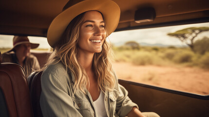 Woman traveler in African safari, travel by car, exploring the animals and birds.