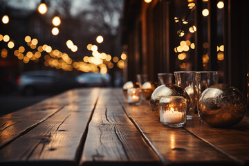 Empty wooden table with christmas theme in background, AI generate