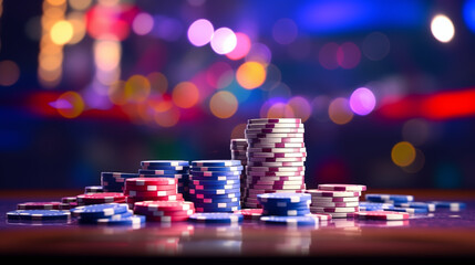 Stack of casino chips on casino table blur neon lights