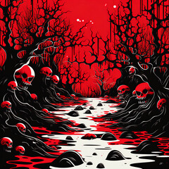 Surreal Hand-Drawn Horror Splash Pattern with Distorted River in Red and Black Ink