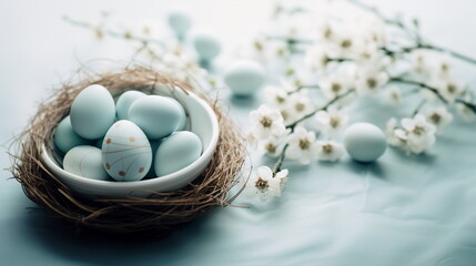 Pastel Blue Easter Eggs in a Bowl and Bird's Nest on Blue Blurred Background with White Spring Blossom Branches on Fabric. Easter Composition with Copy Space. Happy Easter Concept for Design, Banner.