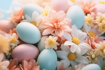 Obraz na płótnie Canvas Pastel Blue and Pink Easter Eggs amidst in White and Light Peach Flowers. Top View Composition. Happy Easter Concept for Design, Postcard, Cover, Poster, Banner.