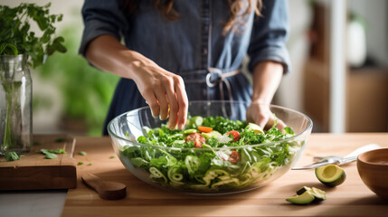 Woman Preparing a Fresh and Colorful Salad in a Glass Bowl - obrazy, fototapety, plakaty