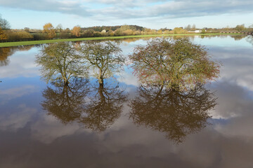 aerial view of Extreme Flooding Aldwark Toll Bridge, Boat Lane, Great Ouseburn, west riding of yorkshire, England