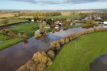 aerial view of Extreme Flooding Aldwark Toll Bridge, Boat Lane, Great Ouseburn, west riding of yorkshire, England