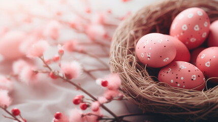 Naklejka na ściany i meble Pastel Pink Decorated Easter Eggs in Bird's Nest on Blurred Background with Spring Pink Blossom Branch on Gray Fabric. Easter Composition. Happy Easter Concept for Design, Cover, Poster, Banner.