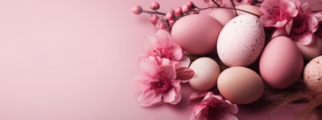 Naklejka na ściany i meble Pastel Pink Freckled Decorated Easter Eggs with Spring Pink Blossom Branch and Flowers on Pink. Easter Composition. Happy Easter Concept for Design, Cover, Poster, Horizontal Banner.