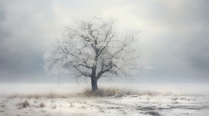 A single tree in the midst of a snowy field, branches laden with white.